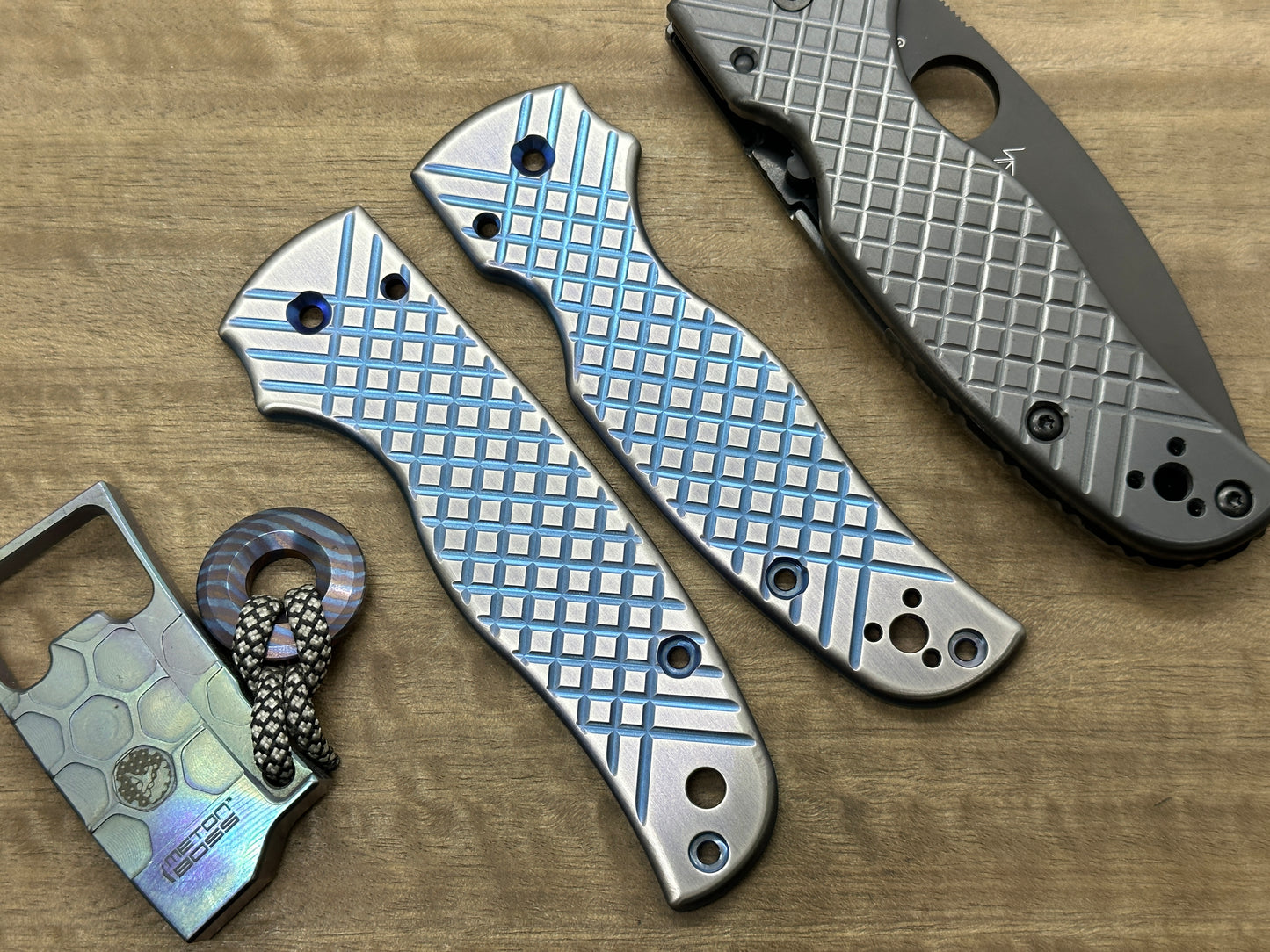 Blue anodized Brushed FRAG CNC milled Titanium Scales for SHAMAN Spyderco