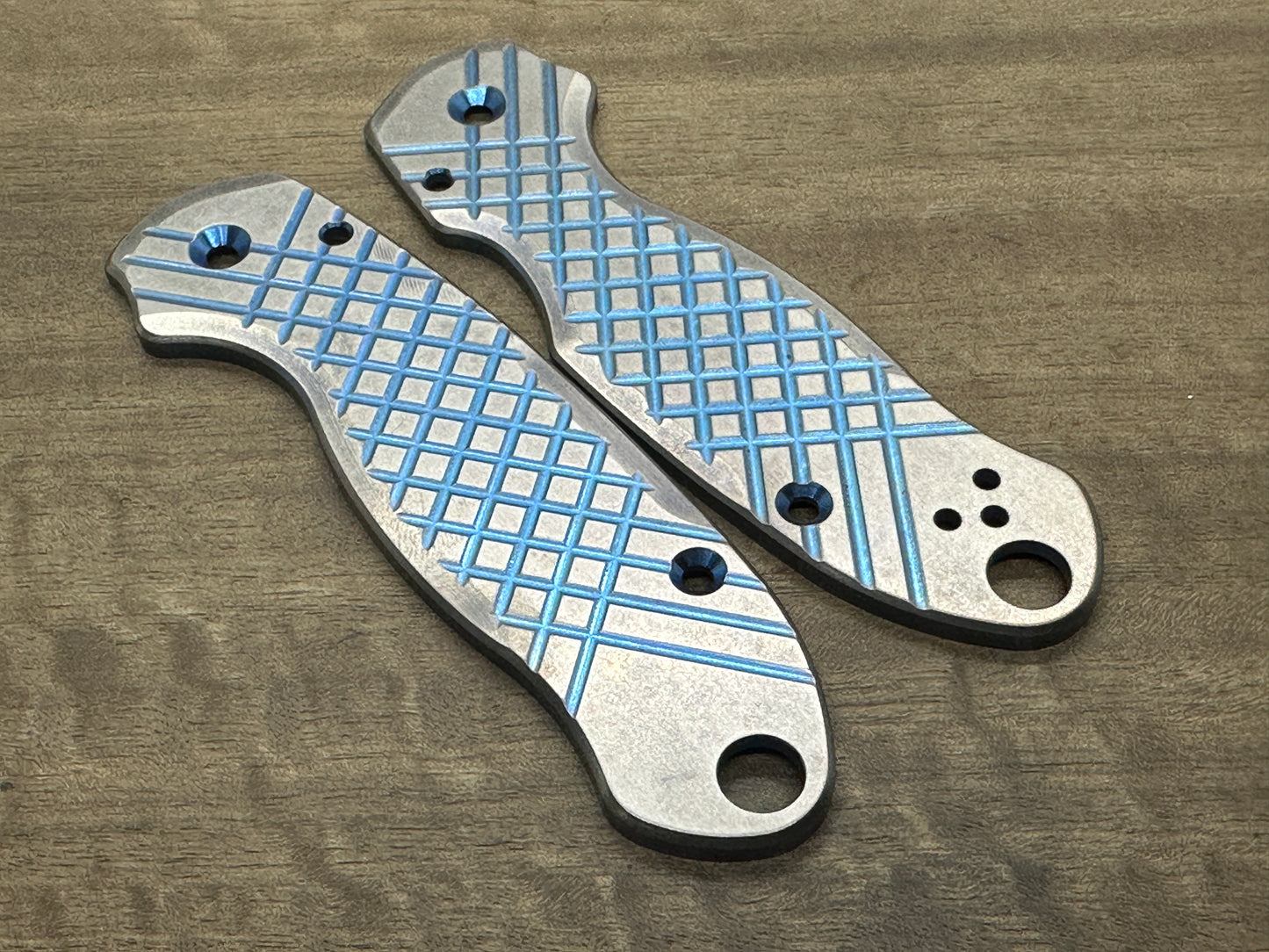 2-Tone BLUE ano & Brushed, Tumbled FRAG Titanium scales for Spyderco Para 3