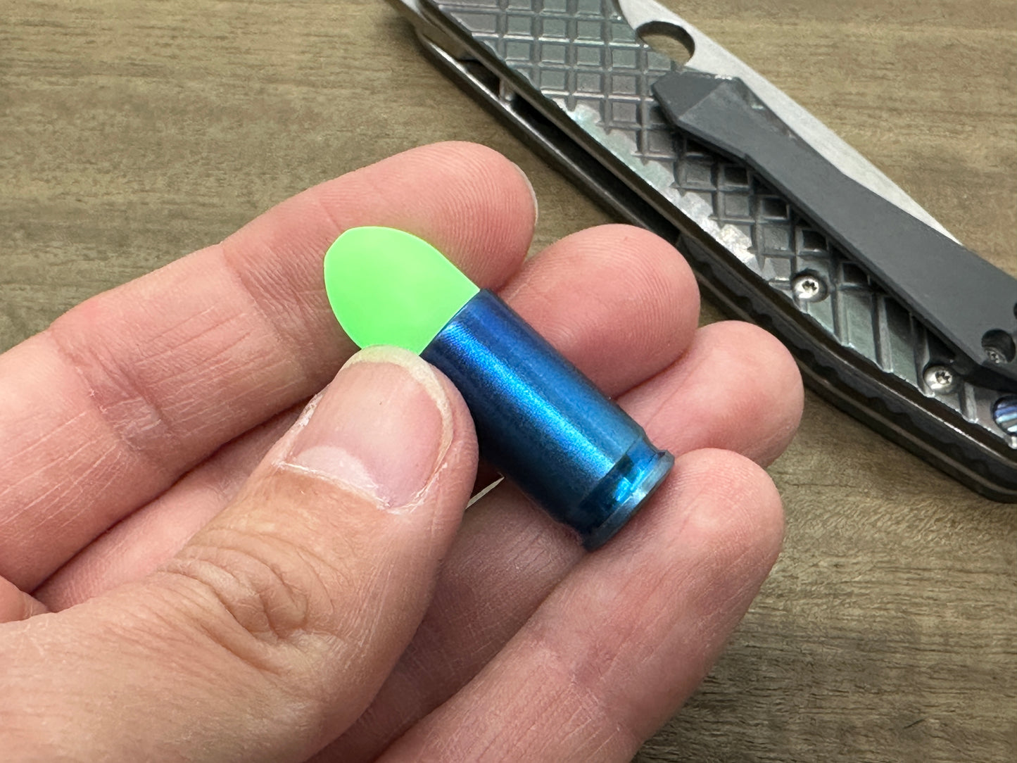 Green TurboGlow Titanium Flamed HAPTIC-BULLET Haptic Slider fidget Fridge magnet