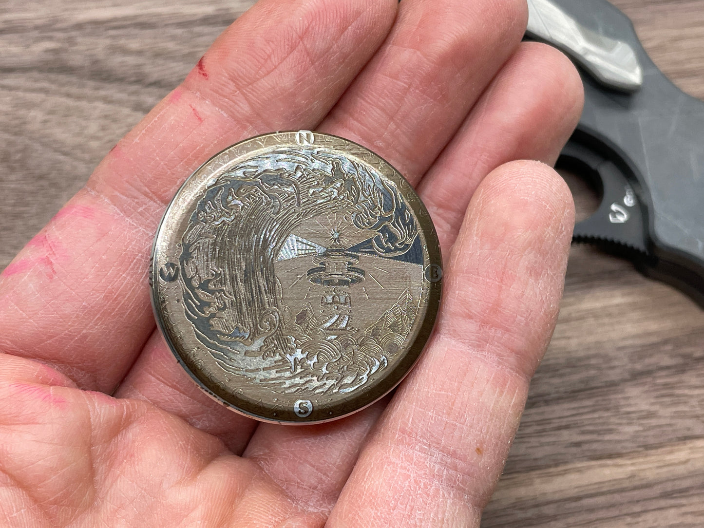 LIGHTHOUSE COMPASS engraved Haptic Coins CLICKY Stainless Steel Fidget toys