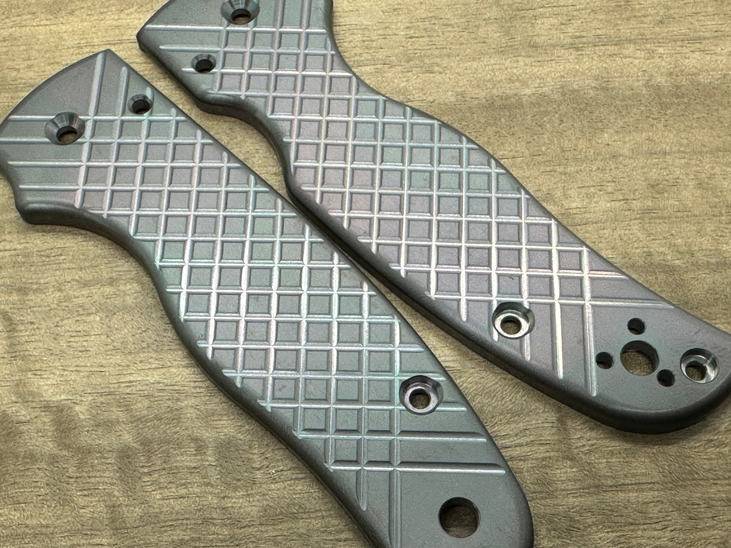 Oil Slick brushed FRAG milled Zirconium Scales for SHAMAN Spyderco