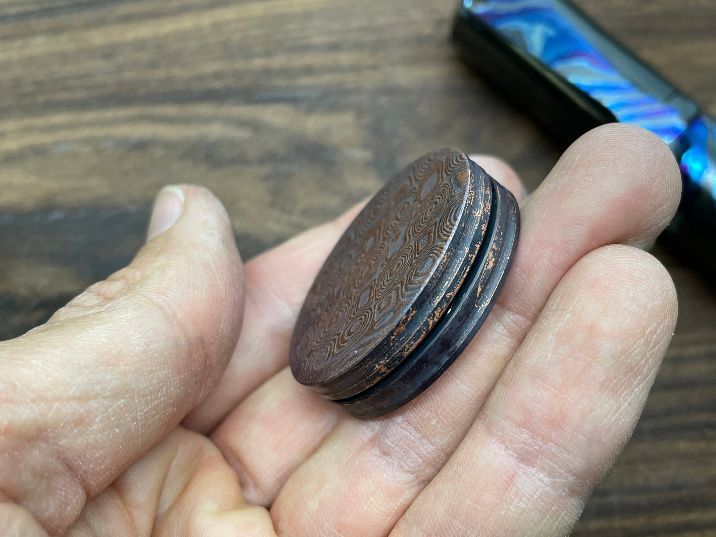 HAPTIC Coins CLICKY Damasteel pattern ROSES Copper Fidget