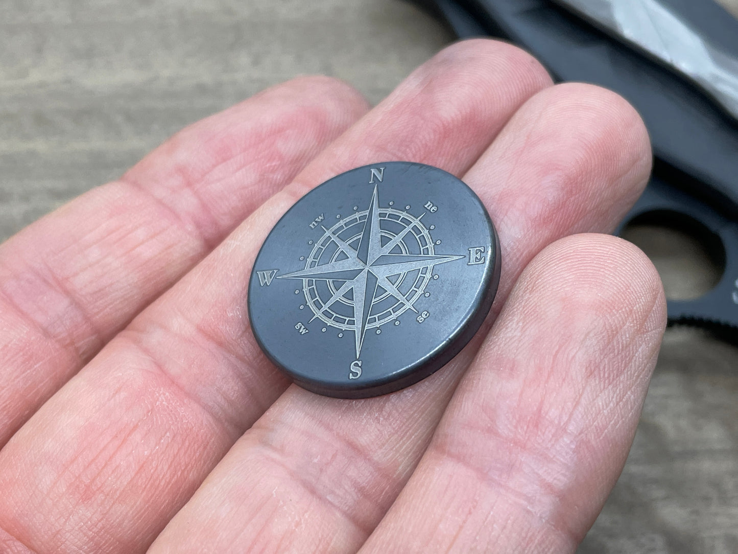 Compass engraved Black Tungsten Gambit Coin Worry Coin