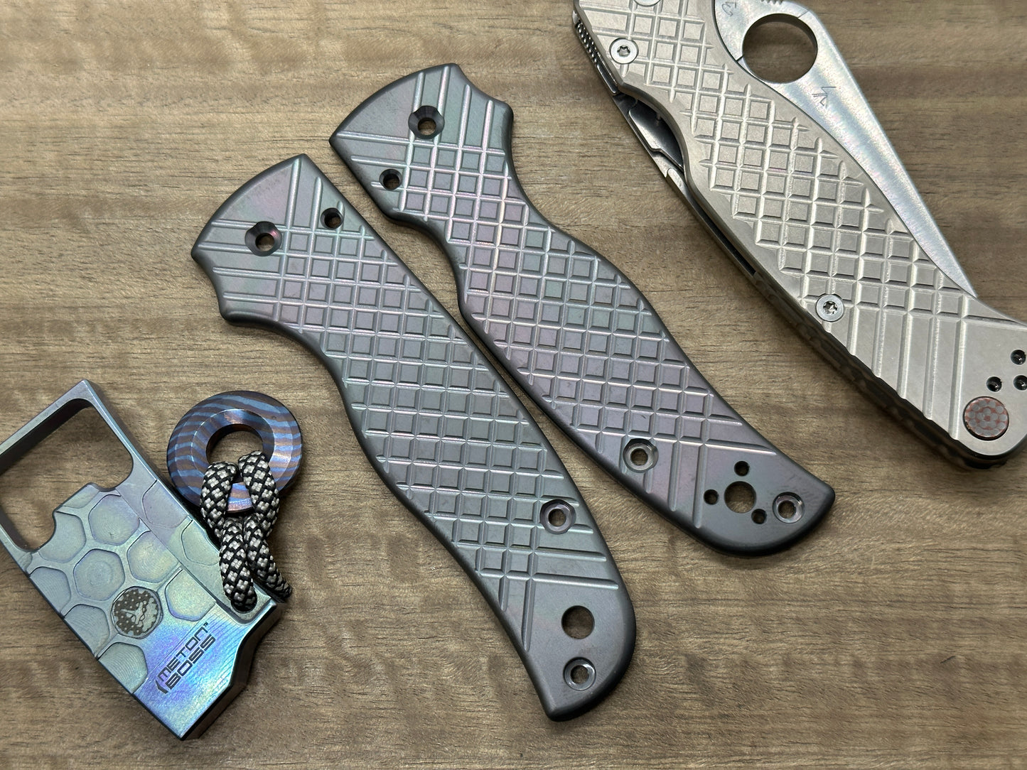 Oil Slick brushed FRAG milled Zirconium Scales for SHAMAN Spyderco