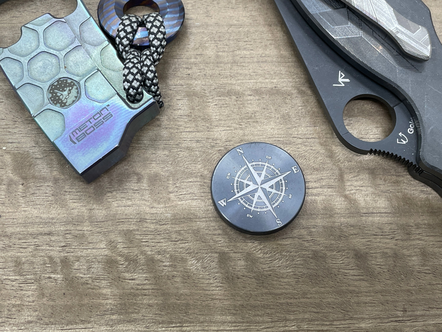 Compass engraved Black Tungsten Gambit Coin Worry Coin