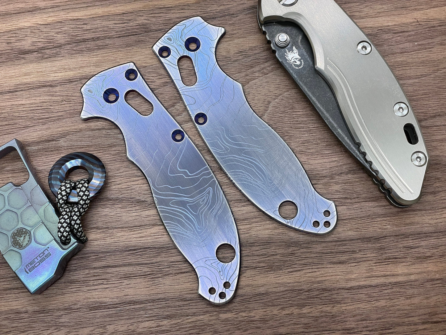 TOPO engraved Blue Ano Brushed Titanium scales for Spyderco MANIX 2
