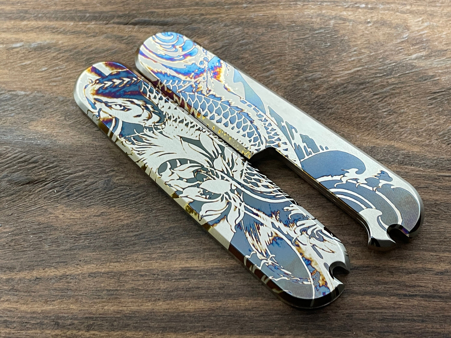 KOI Fish 91mm heat ano engraved Titanium Scales for Swiss Army SAK