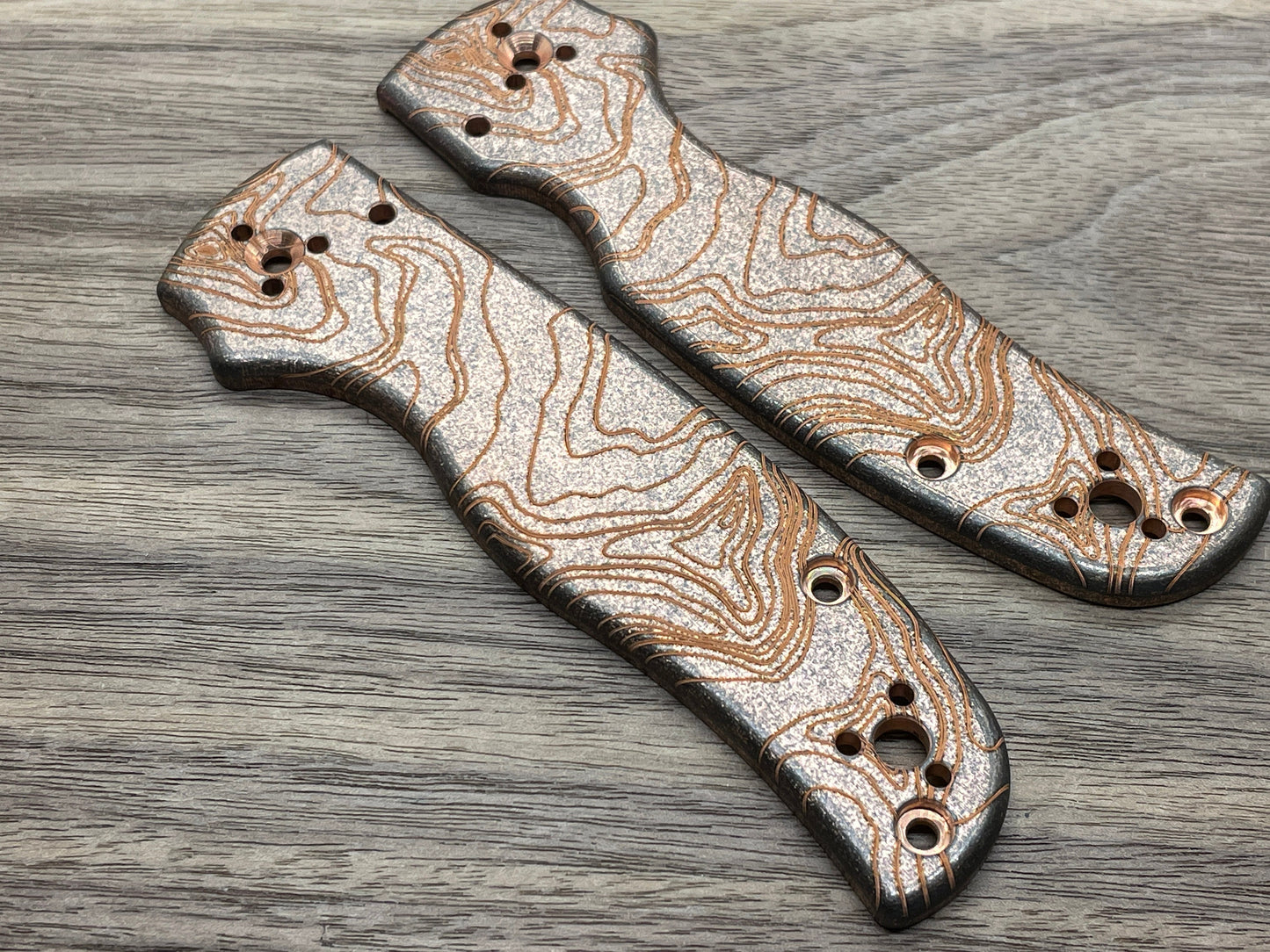 Battleworn TOPO engraved Copper Scales for SHAMAN Spyderco