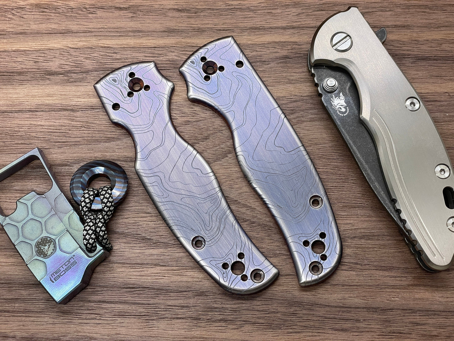 TOPO Blue Ano Brushed Titanium Scales for SHAMAN Spyderco