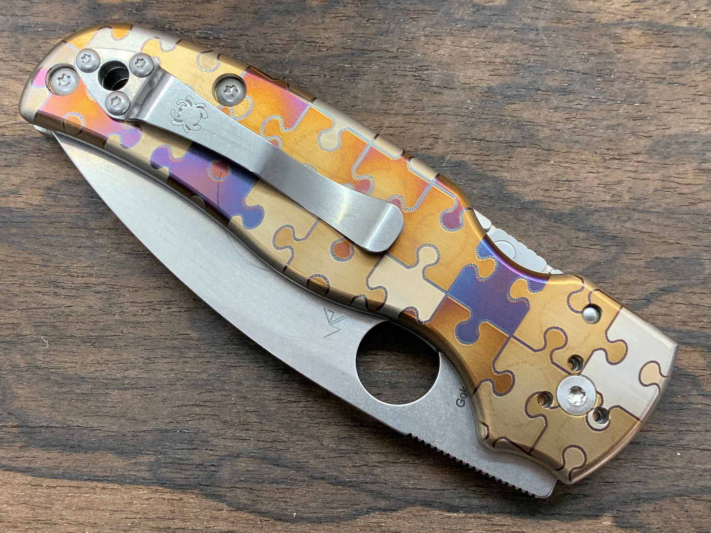 Jigsaw PUZZLES heat ano engraved Titanium Scales for SHAMAN Spyderco