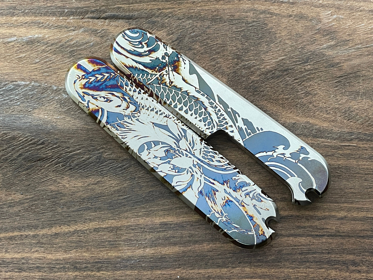 KOI Fish 91mm heat ano engraved Titanium Scales for Swiss Army SAK