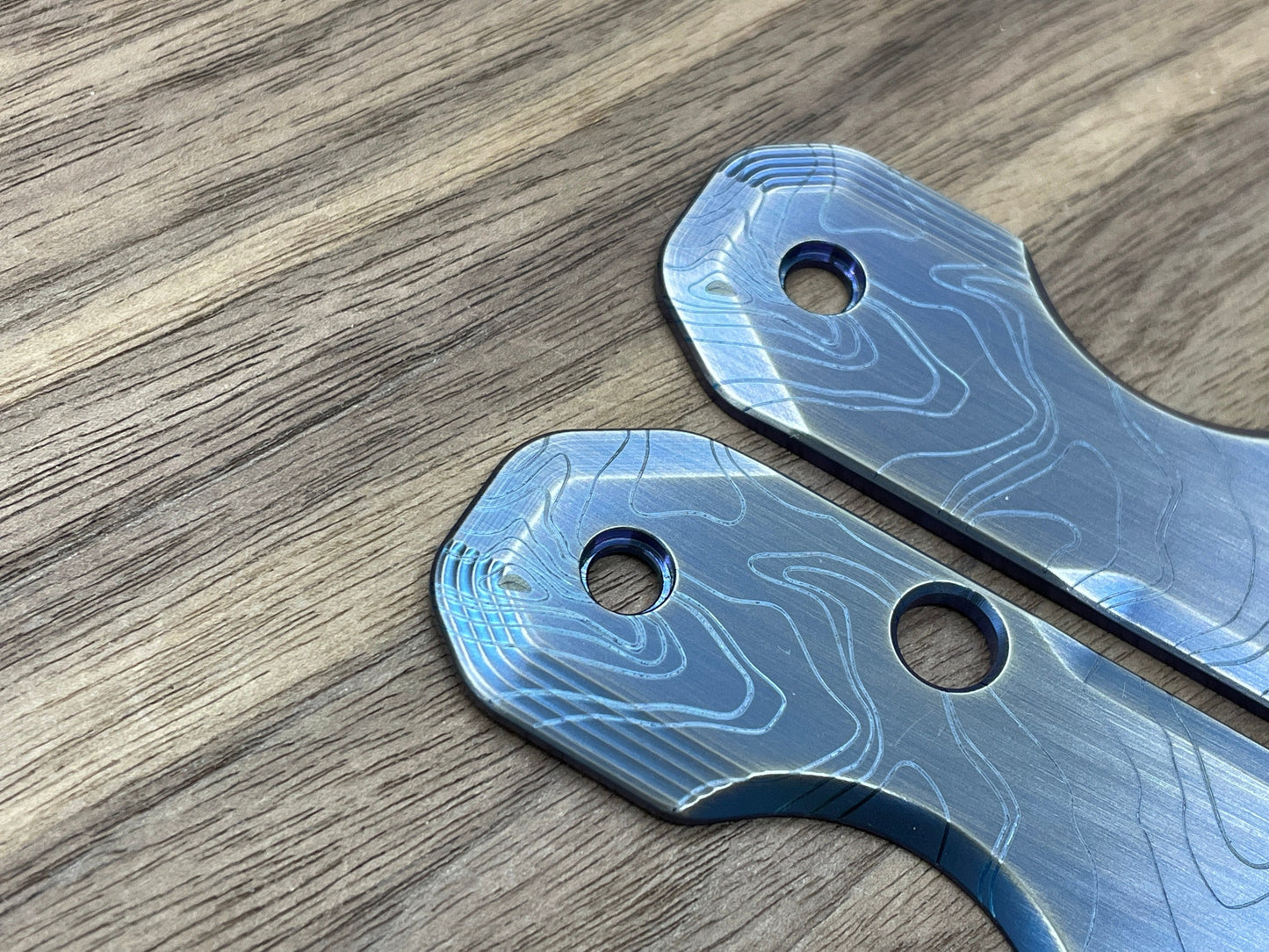 TOPO engraved Blue Ano Brushed Titanium Scales for Spyderco SMOCK