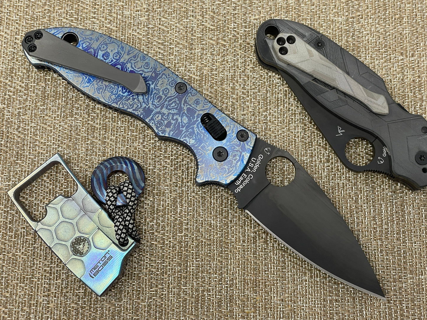 TOPO engraved Blue Ano Brushed Titanium scales for Spyderco MANIX 2