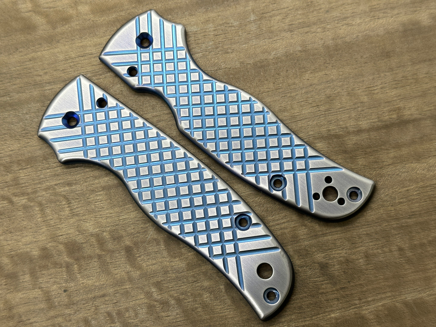 2-Tone BLUE ano & Brushed FRAG Cnc milled Titanium Scales for SHAMAN Spyderco