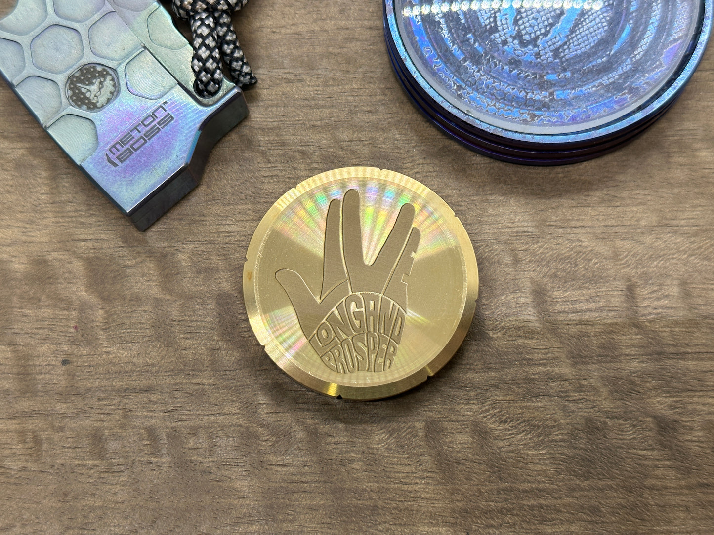 Long Live and Prosper engraved Brass Spinning Worry Coin Spinning Top