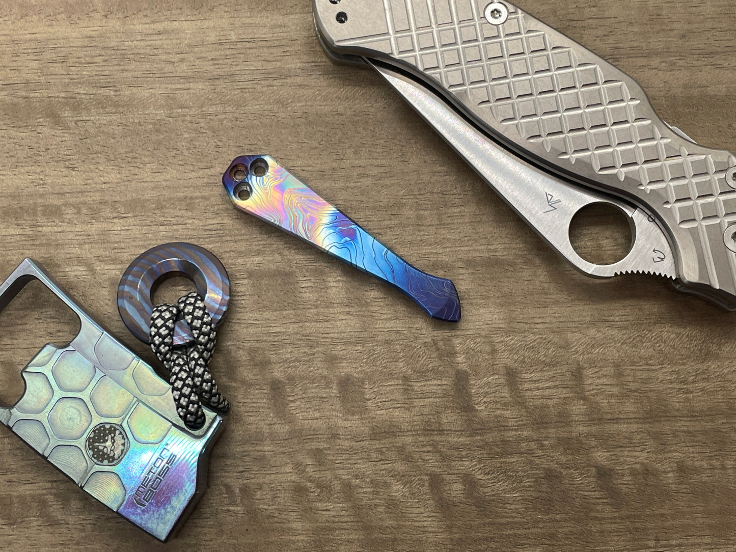 Special Flamed TOPO engraved SPIDY Titanium CLIP for most Spyderco models