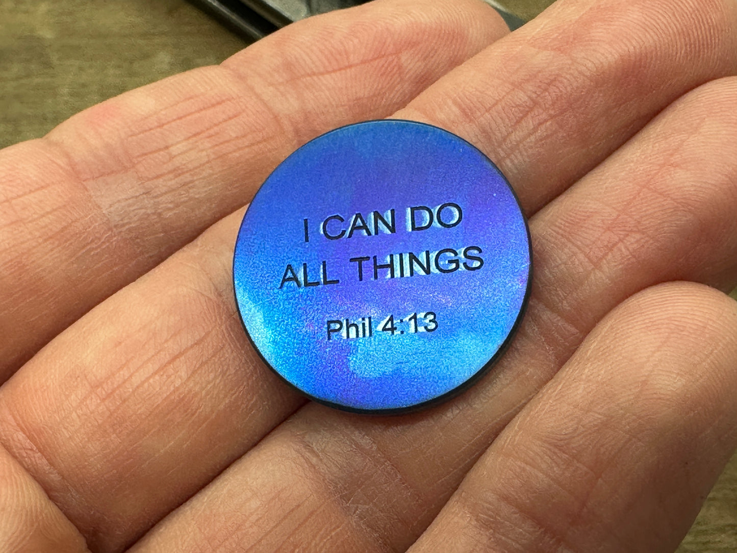 4 sizes I can do all things - Phil 4:13 - Dama FISH Flamed Titanium Worry Coin