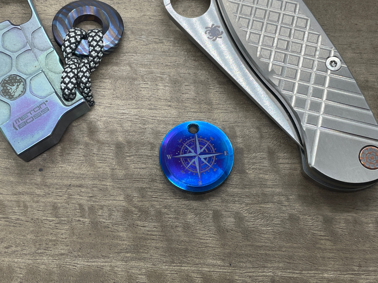 Flamed COMPASS engraved Titanium PENDANT Keychain