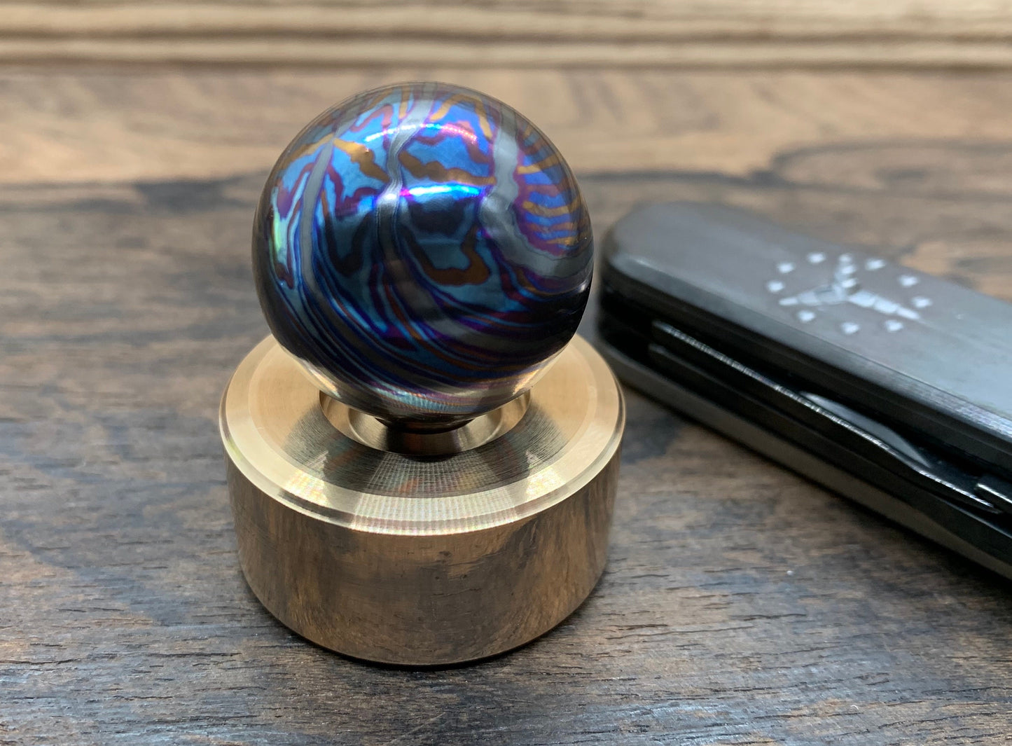 1" ZircuTi MOSAIC Black Timascus Sphere + Glow in the dark stand