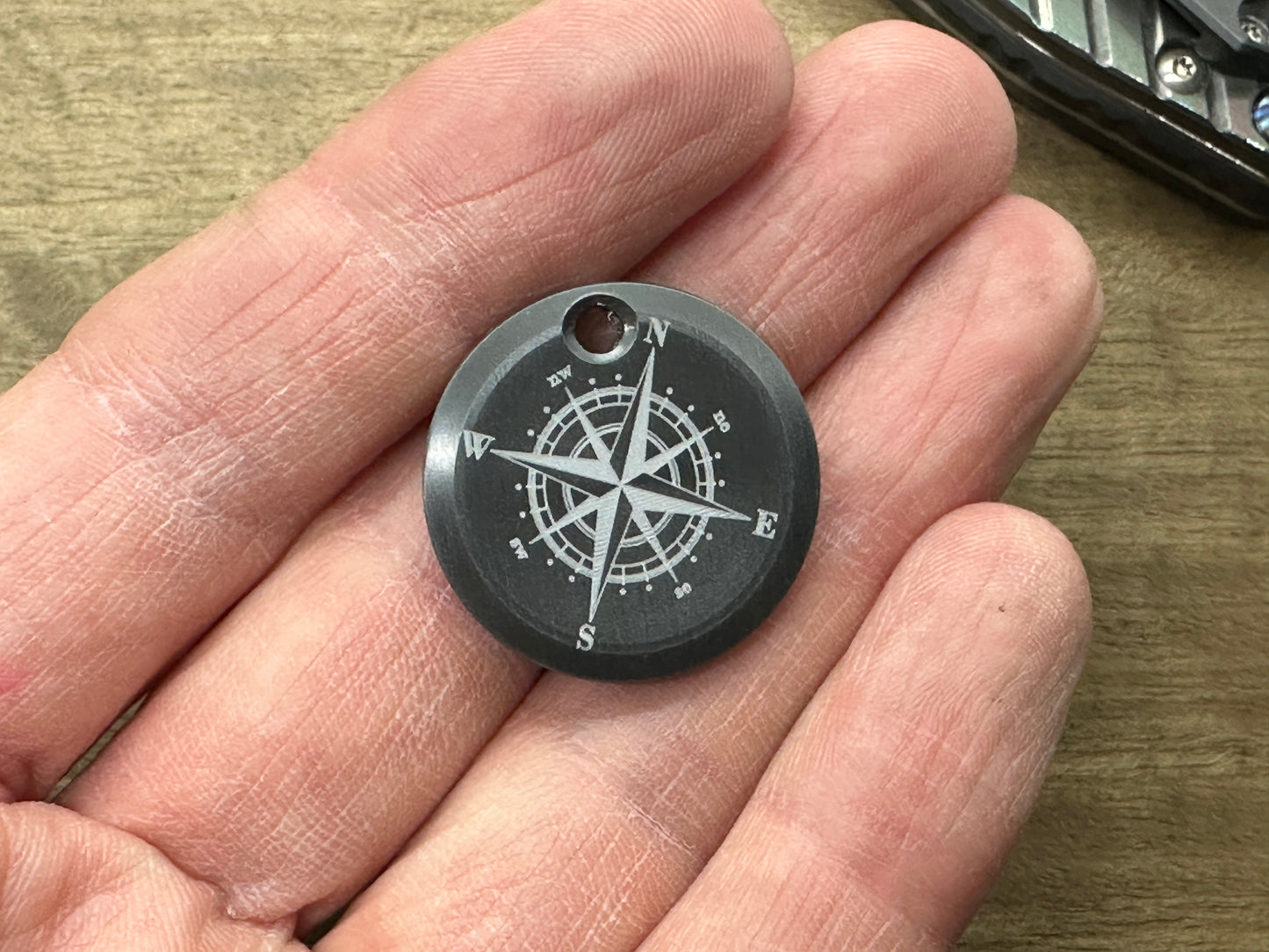 COMPASS engraved on both sides Black Zirconium Pendant Keychain