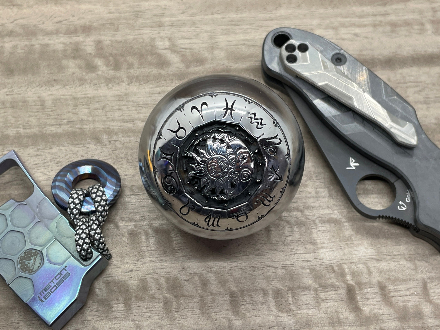 2.15" SUN & MOON deep engraved Solid Giga Titanium SPHERE +TurboGlow stand