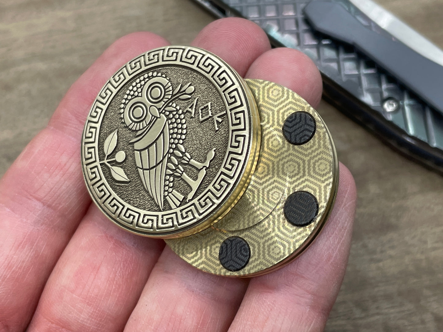 The OWL deep engraved Brass CLICKY HAPTIC Coins Fidget