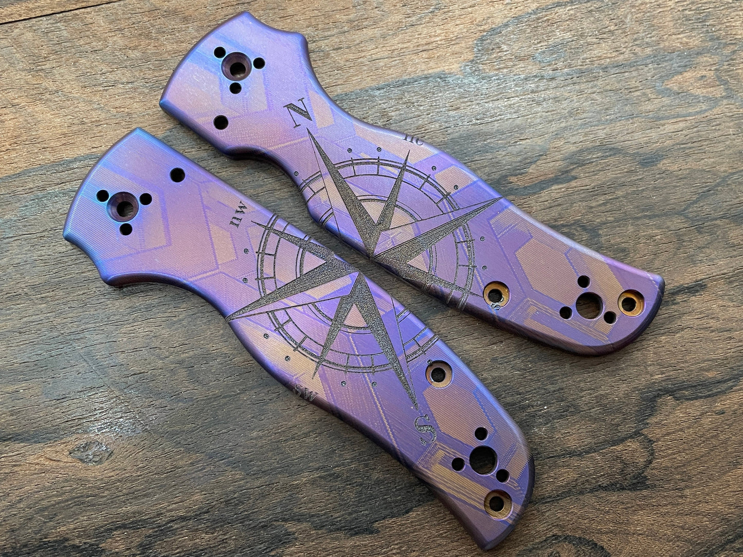 Flamed COMPASS engraved Titanium Scales for SHAMAN Spyderco