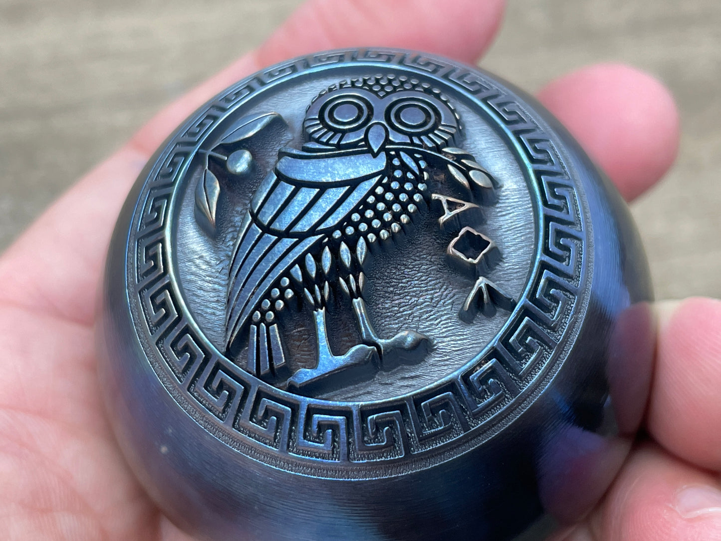 2.15" The OWL Deep engraved Flamed Stainless Steel SPHERE +TurboGlow stand