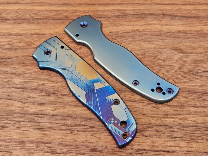 CLR Spyderco Shaman<br>Titanium Standard Falcon on side Blue Flamed