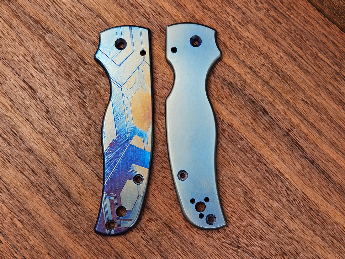 CLR Spyderco Shaman<br>Titanium Standard Falcon on side Blue Flamed