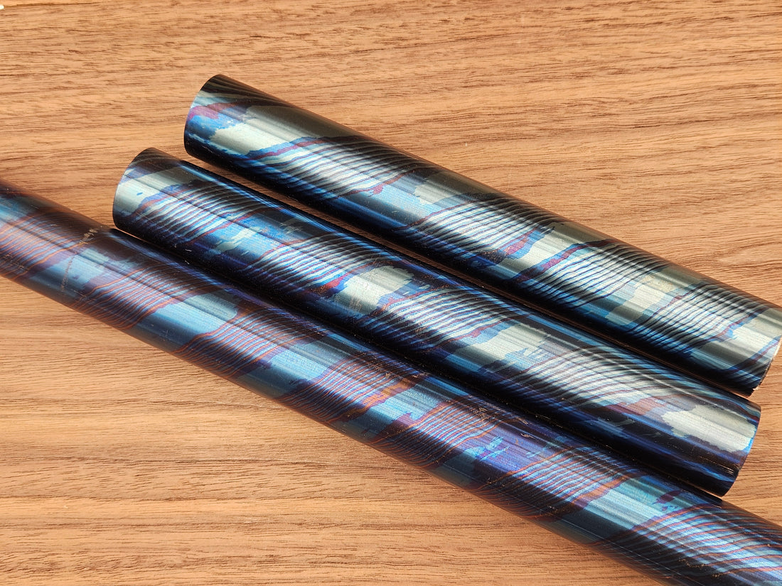 Timascus Twist Damascus Rods – Solid Heat Colored Titanium