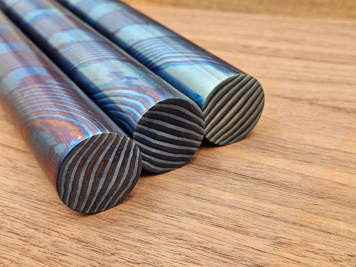 Timascus Twist Damascus Rods – Solid Heat Colored Titanium