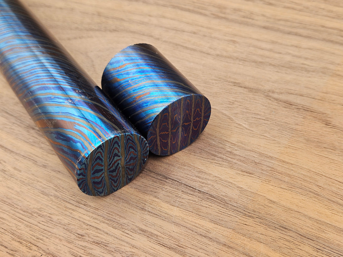 ZircuTi Mosaic Damascus Rod – Solid Heat Colored Titanium & Zirconium