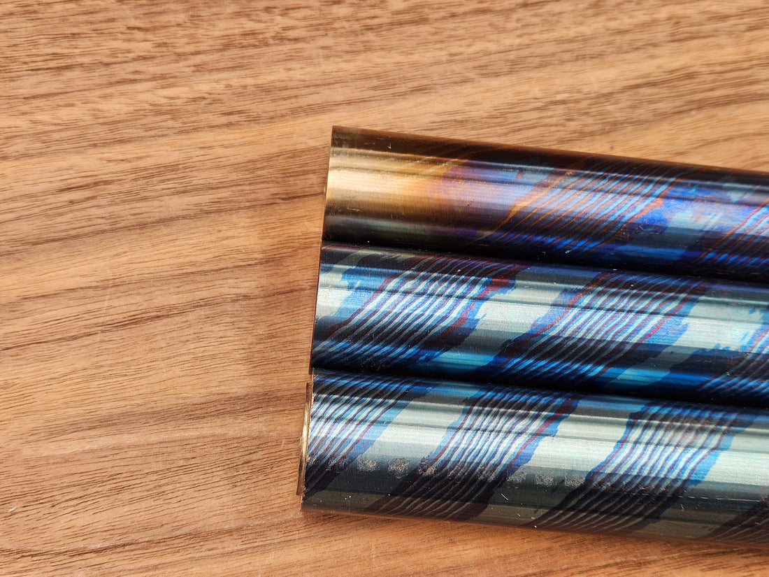 Timascus Twist Damascus Rods – Solid Heat Colored Titanium