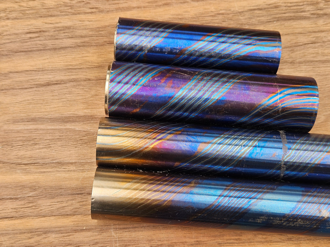 ZircuTi Twist Damascus Rod – Solid Heat Colored Titanium & Zirconium
