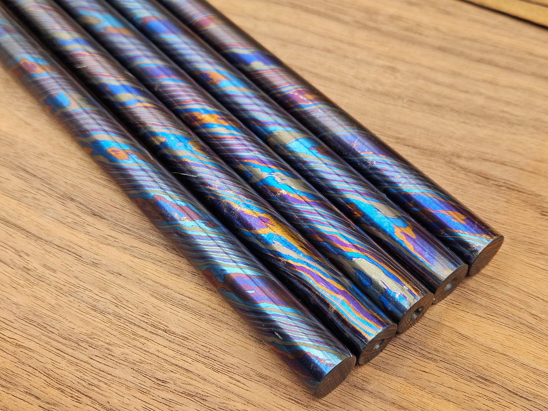 Thin ZircuTi Twist Damascus Rod – Solid Heat Colored Titanium & Zirconium