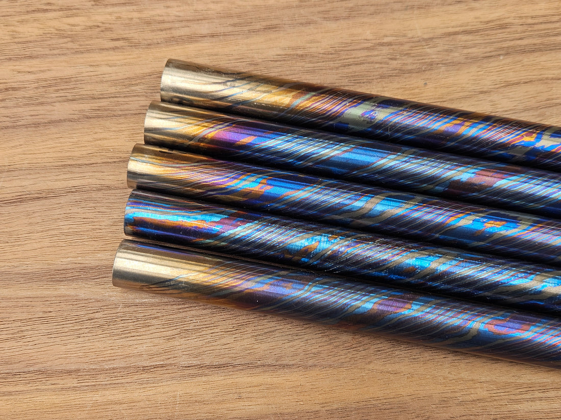 Thin ZircuTi Twist Damascus Rod – Solid Heat Colored Titanium & Zirconium