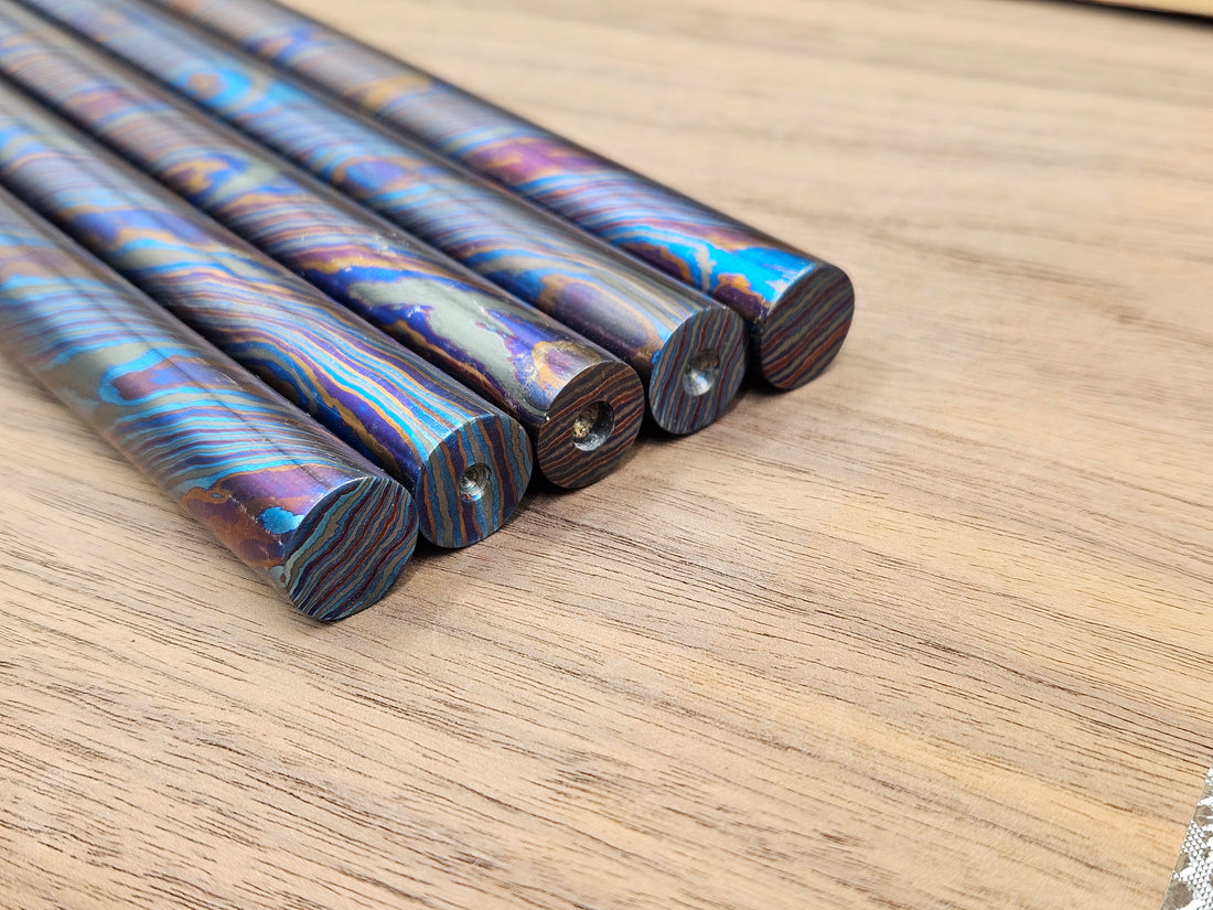 Thin ZircuTi Twist Damascus Rod – Solid Heat Colored Titanium & Zirconium
