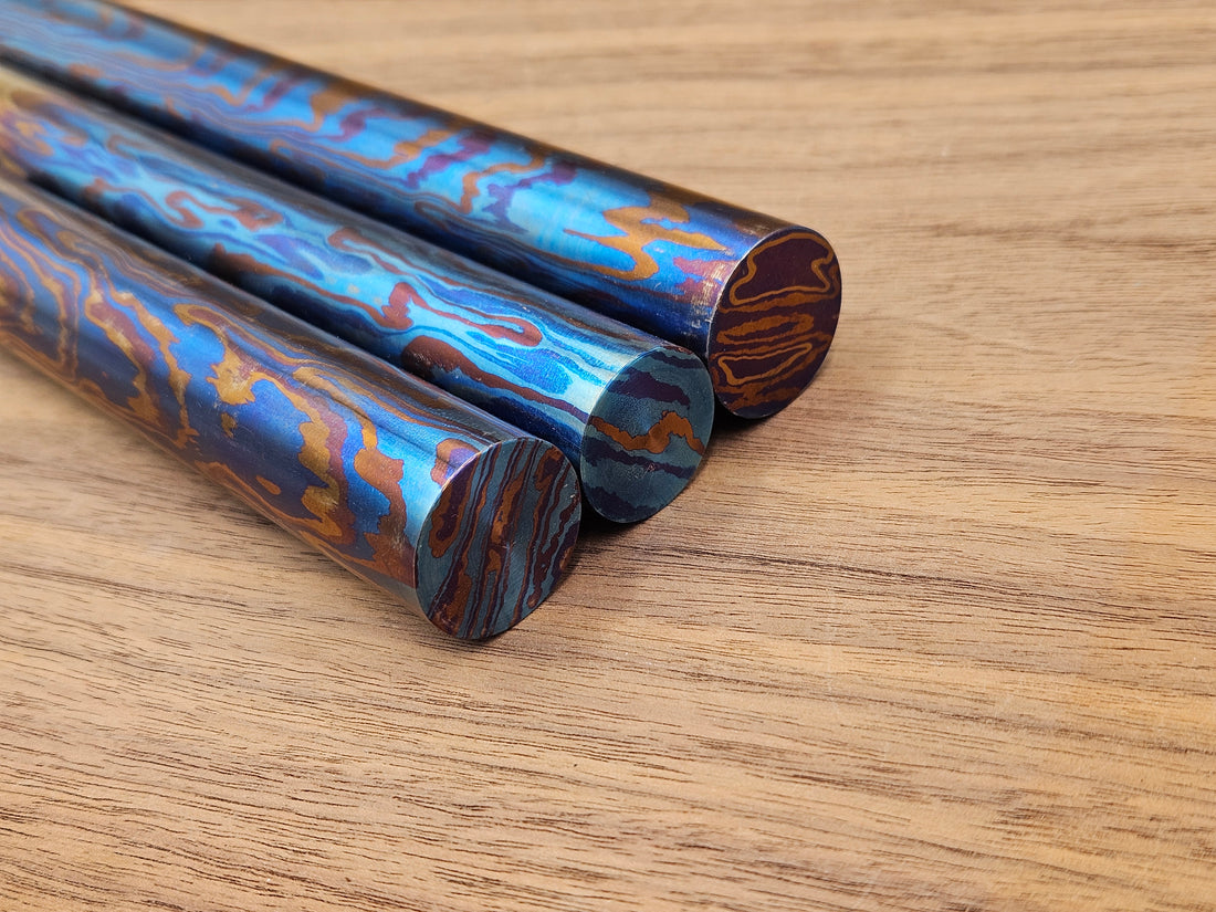 Timascus Wave Damascus Rods – Solid Heat Colored Titanium