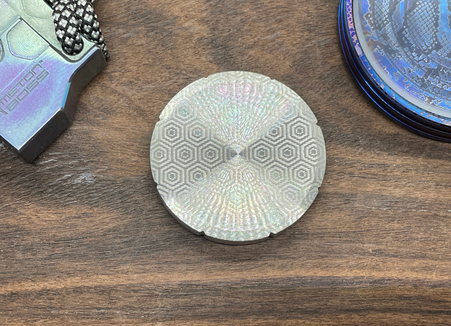 HONEYCOMB engraved Greek Ascoloy Spinning Worry Coin Spinning Top