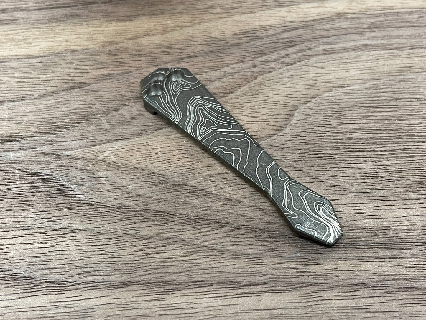 Battleworn TOPO engraved Dmd Titanium CLIP for most Spyderco models