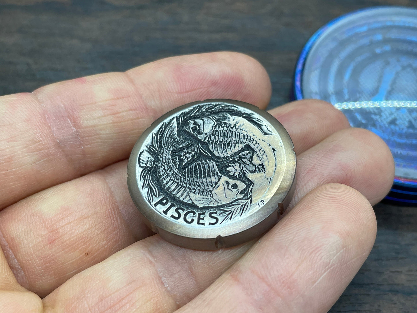 Deep engraved PISCES Zodiac Titanium Spinning Worry Coin Spinning Top