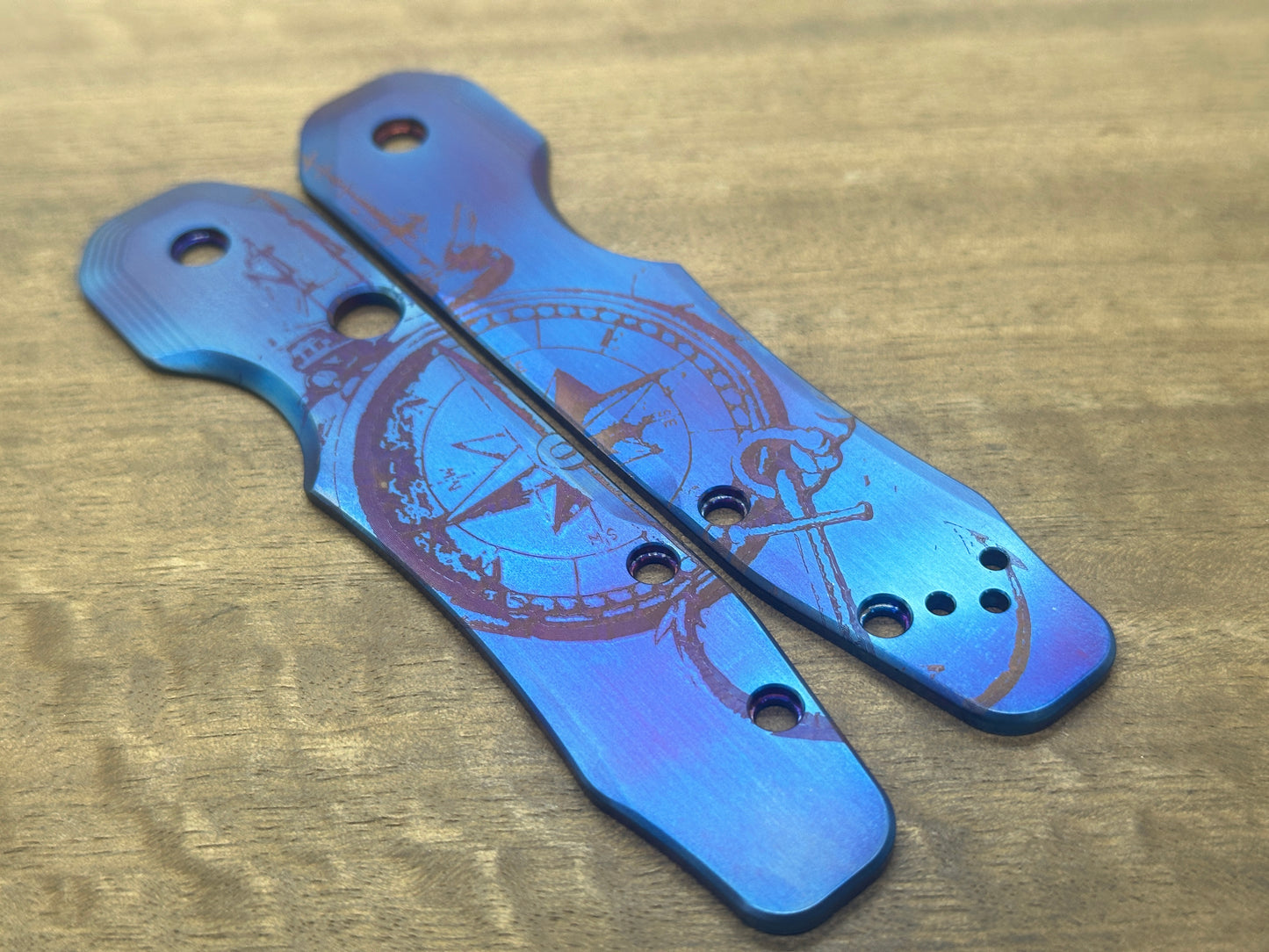 Flamed COMPASS at SEA engraved Titanium Scales for Spyderco SMOCK