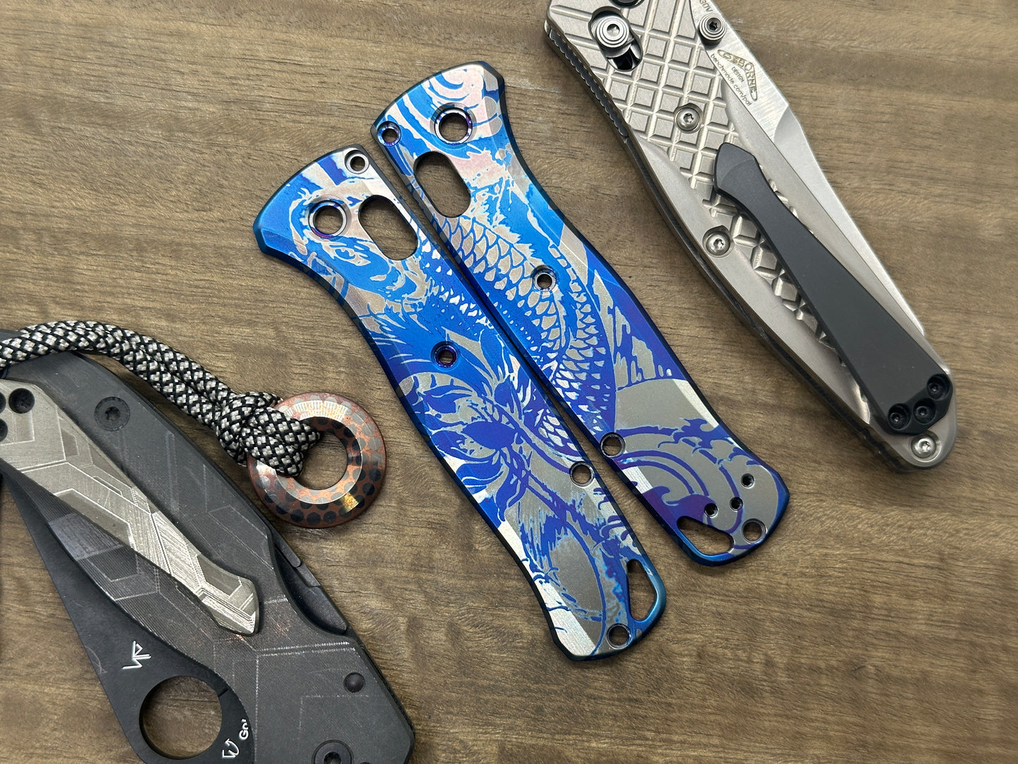 Blue KOI Fish Flamed heat ano engraved Titanium Scales for Benchmade Bugout 535