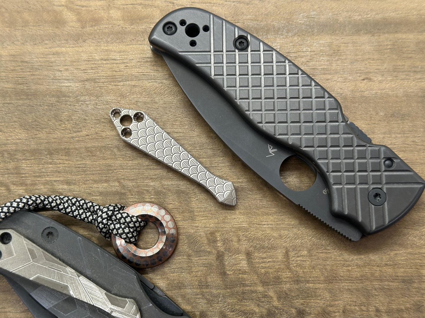 Seigaiha engraved SPIDY Titanium CLIP for SHAMAN Spyderco