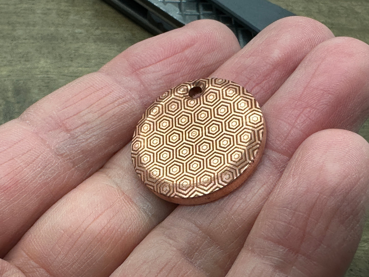 HONEYCOMB engraved Copper PENDANT Keychain