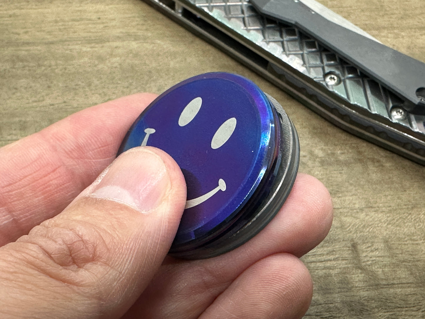 SMILEY-SAD Flamed-Dark Haptic Coins CLICKY Titanium Haptic Slider Fidget