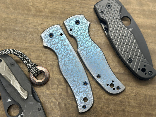 Blue anodized Brushed SEIGAIHA Titanium Scales for SHAMAN Spyderco