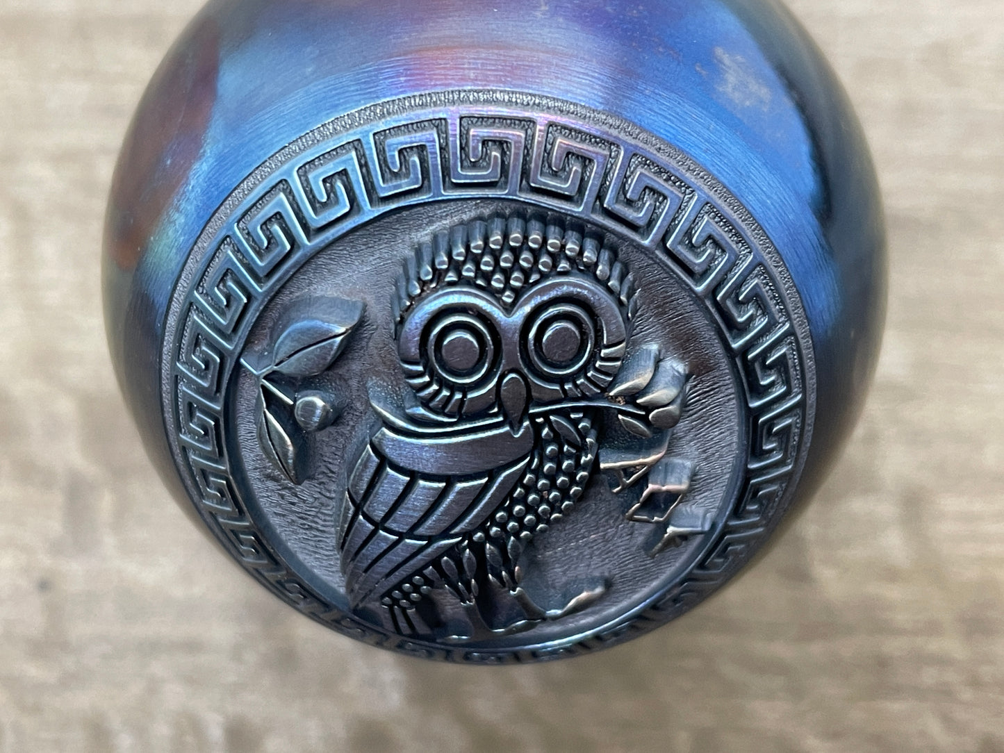 2.15" The OWL Deep engraved Flamed Stainless Steel SPHERE +TurboGlow stand