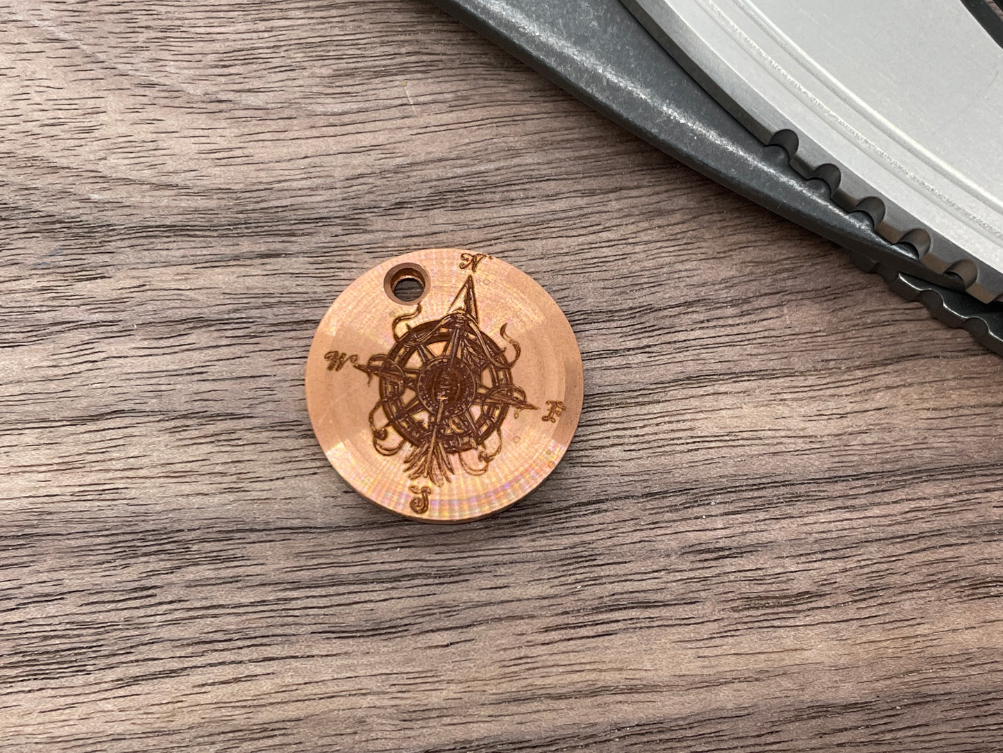 COMPASS Arrow engraved Copper PENDANT Keychain